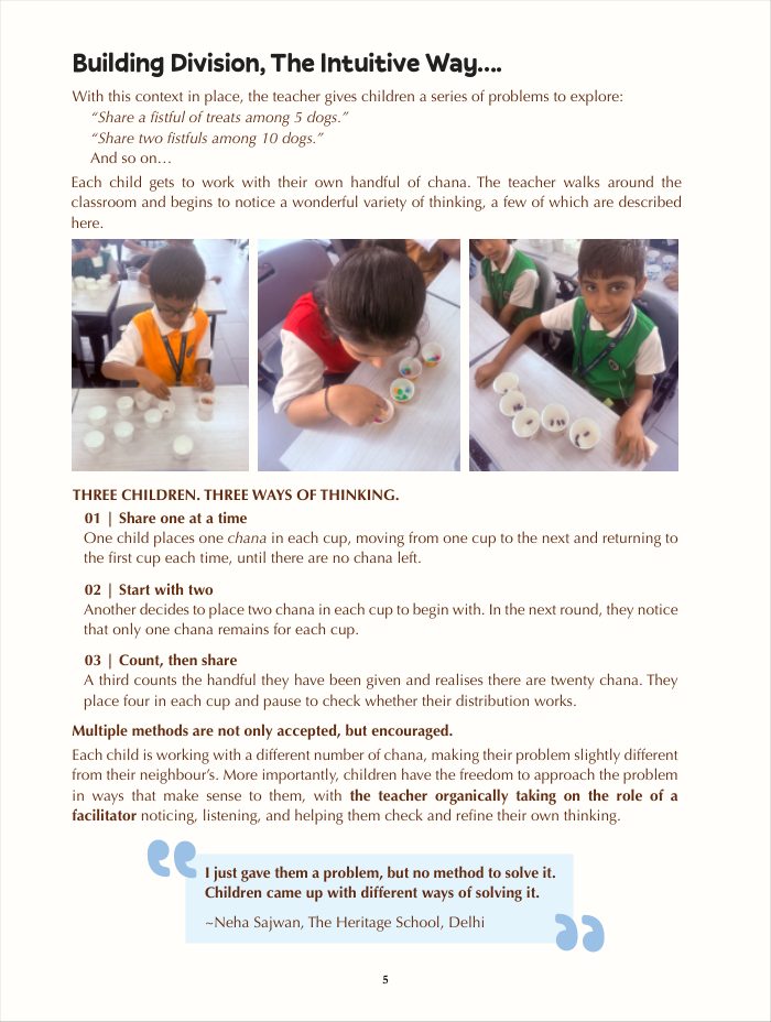 A page from the resource: three children, three ways of sharing chana into cups.