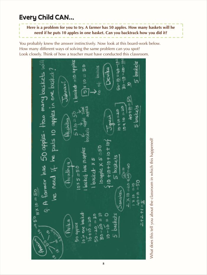 A page from the resource: a blackboard photograph showing six children's different methods for one division problem.
