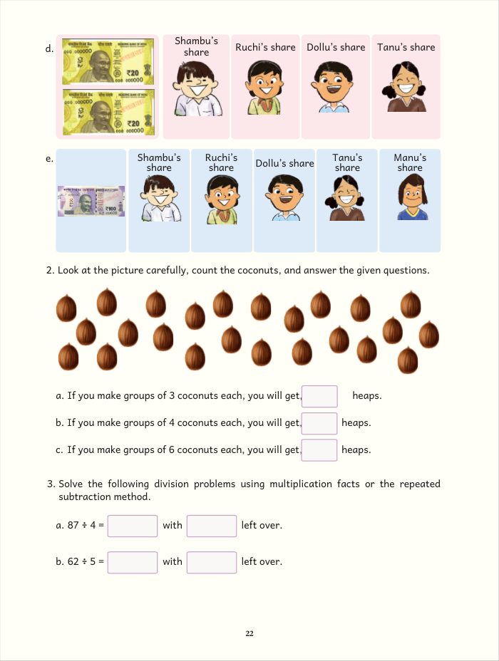 A page from the Anubhooti Mathematics textbook with grouping and division questions.