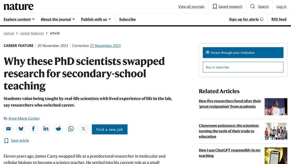 The Nature Careers article page, headline: Why these PhD scientists swapped research for secondary-school teaching