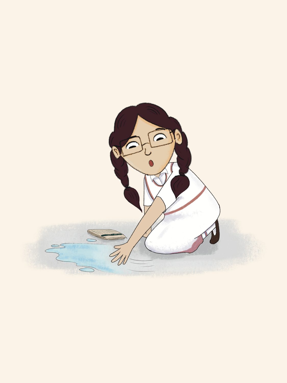 Illustration of a girl kneeling to wipe up a puddle of water, from the post