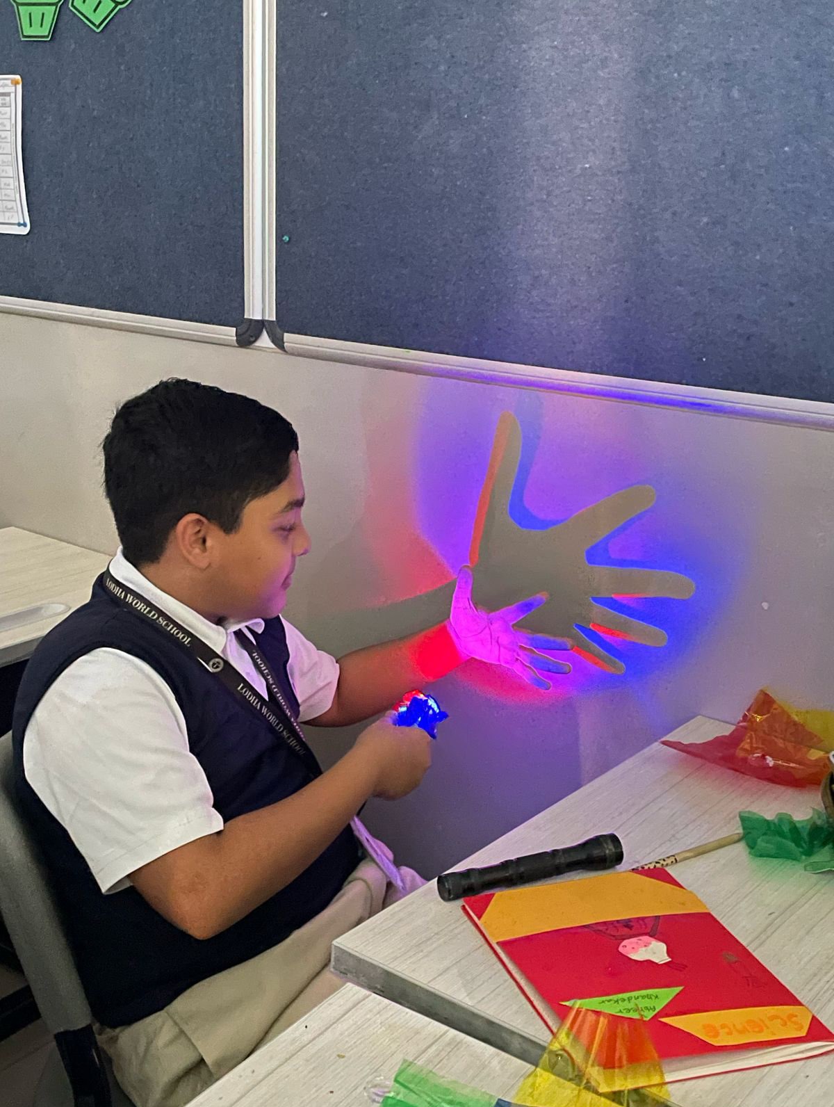 A boy shining coloured light onto a hand cut-out and studying the shadow it casts
