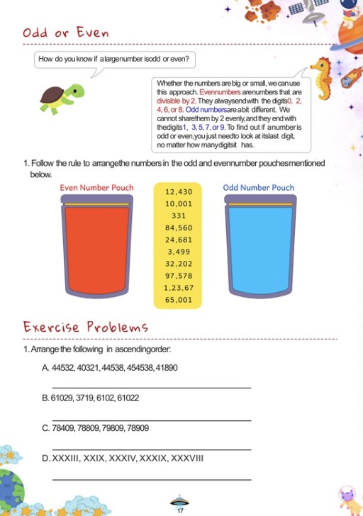 A page of a child's own workbook, their handwriting and first answers visible